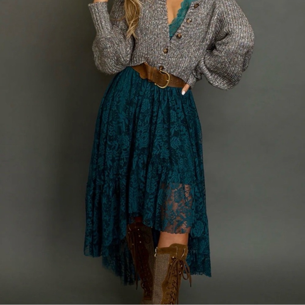 Joyfolie Teal Lace High-Low Skirt